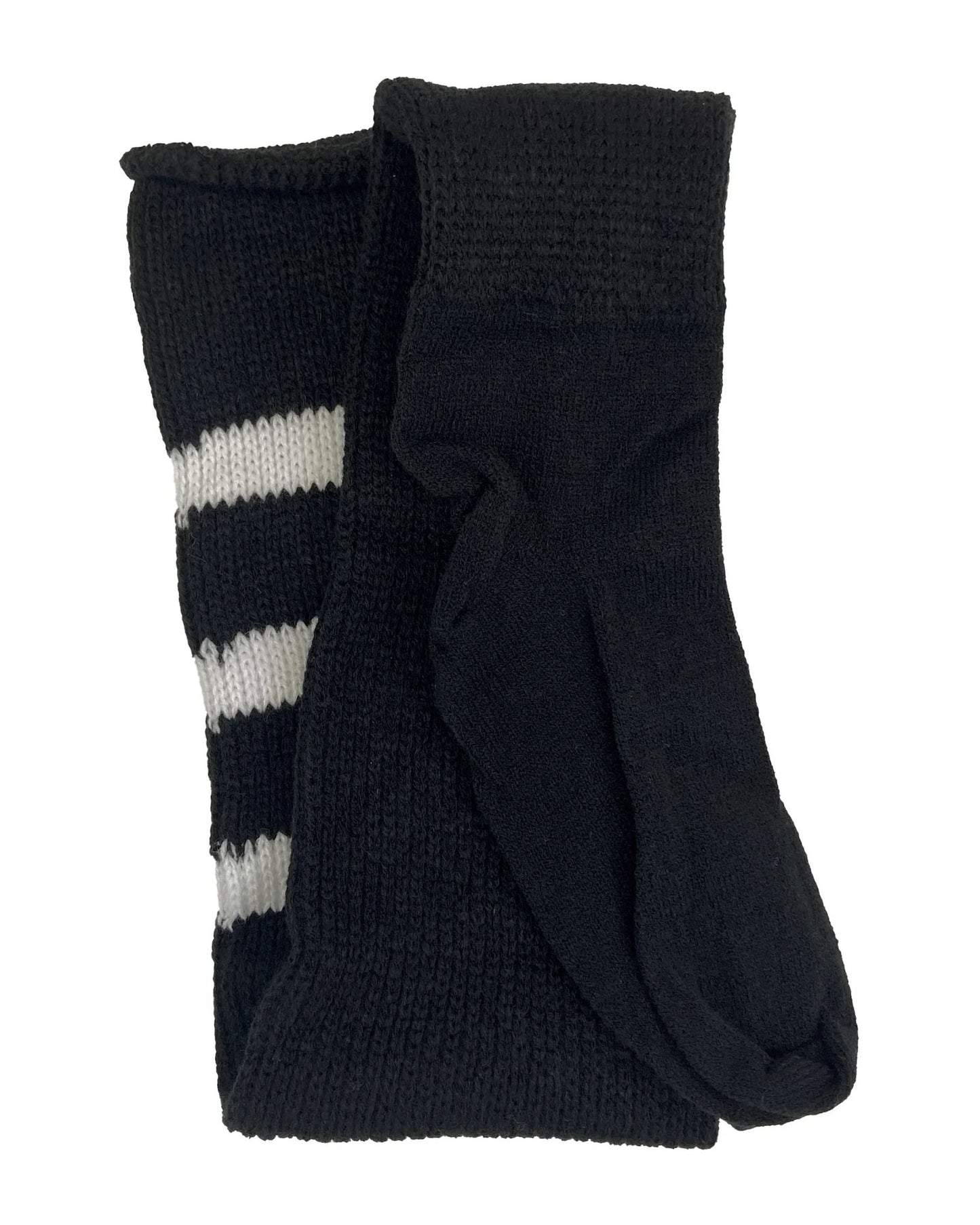 Thick, super-stretchy black knitted thigh-high socks featuring a triple white sports-style striped cuff and a slimmer, more comfortable foot.