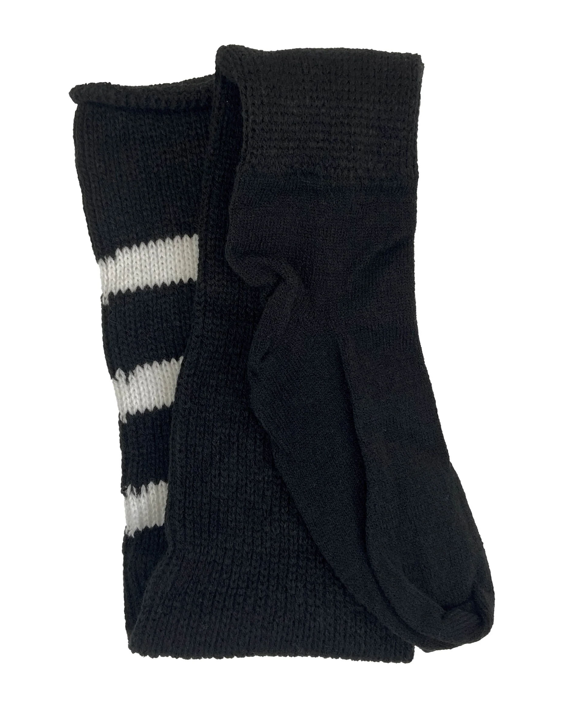 Thick, super-stretchy black knitted thigh-high socks featuring a triple white sports-style striped cuff and a slimmer, more comfortable foot.