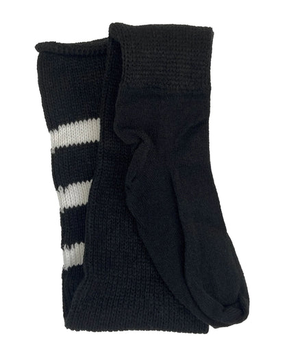 Thick, super-stretchy black knitted thigh-high socks featuring a triple white sports-style striped cuff and a slimmer, more comfortable foot.