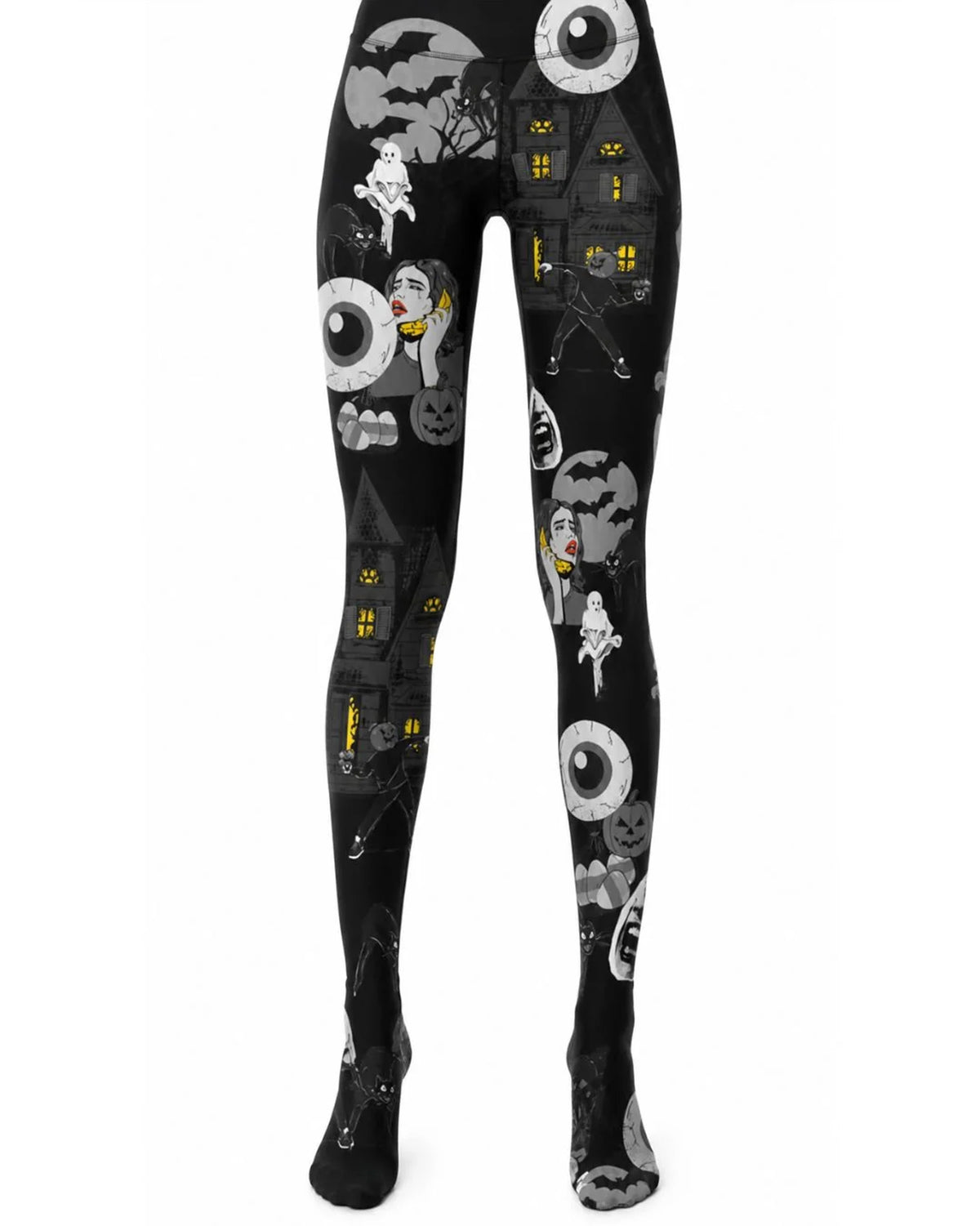 Black tights with a Halloween-themed graphic print featuring ghosts, haunted houses, bats, jack-o'-lanterns, and large eyes in gray and yellow, shown on a white background.
