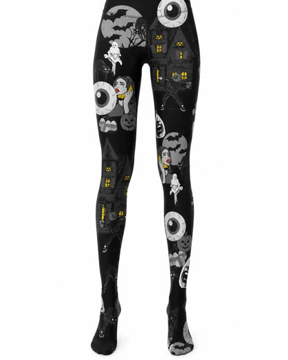 Black tights with a Halloween-themed graphic print featuring ghosts, haunted houses, bats, jack-o'-lanterns, and large eyes in gray and yellow, shown on a white background.