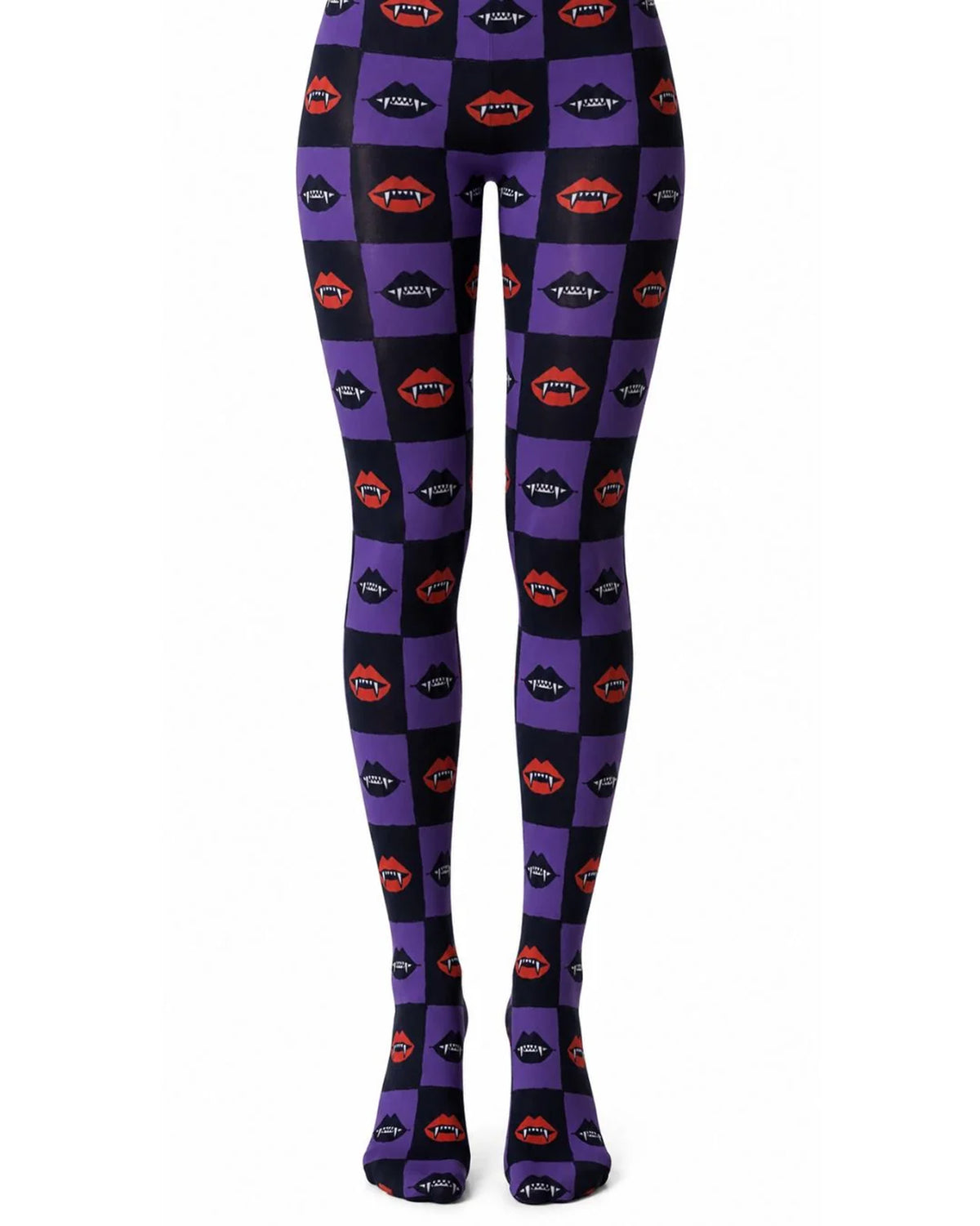 Black and purple checkered print Halloween tights with vampire mouths with fangs
