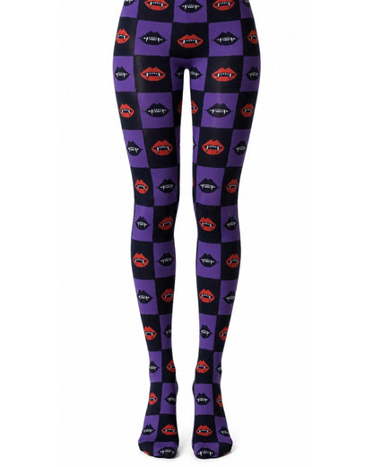 Black and purple checkered print Halloween tights with vampire mouths with fangs