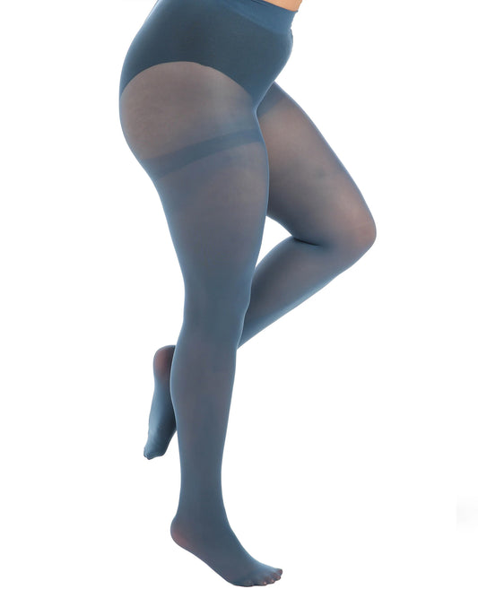 Denim blue tights worn by a person on a white background
