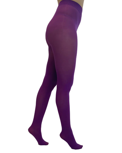 Purple tights worn by a person on a white background
