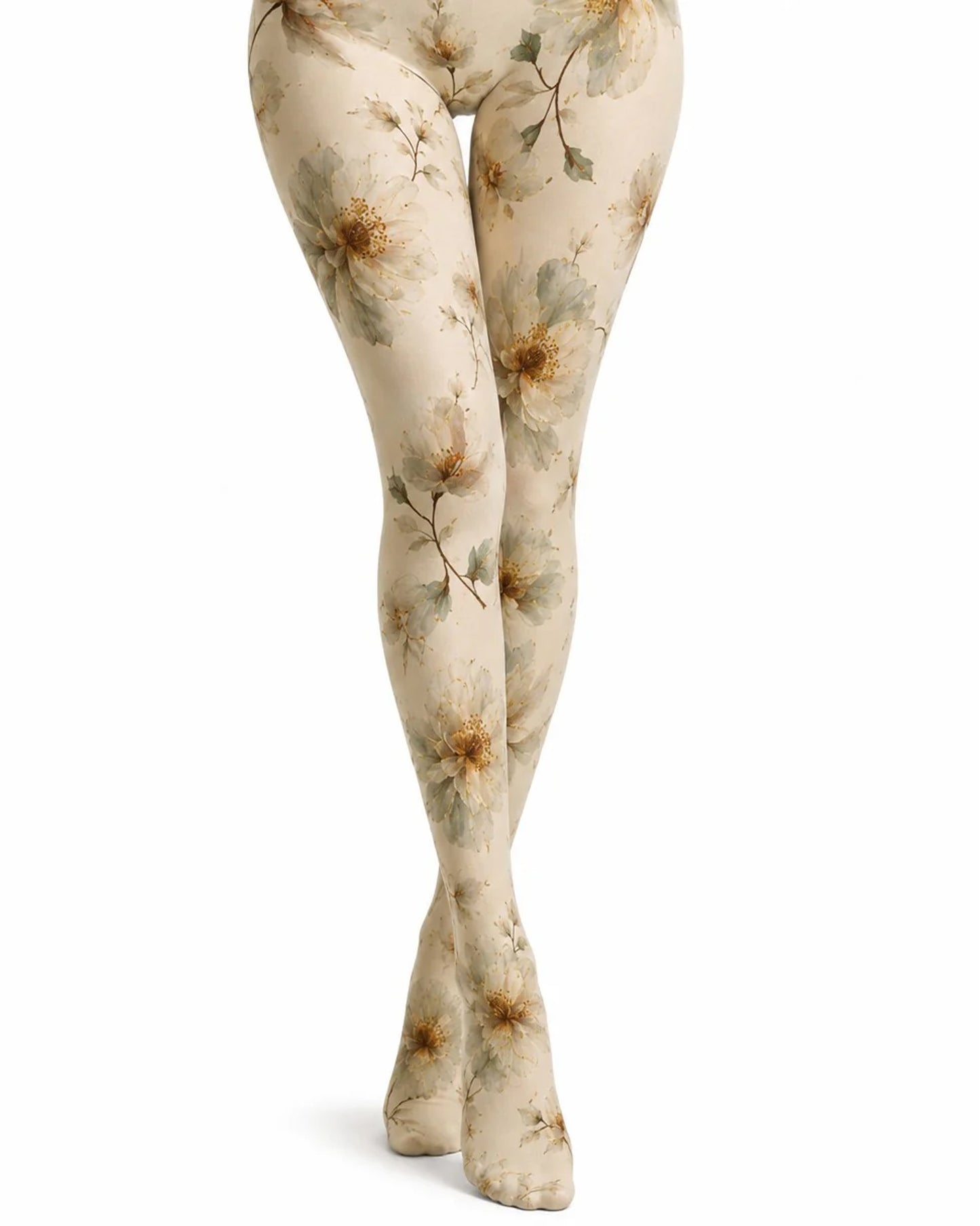 A pair of cream tights with a muted floral and leaf pattern in brown, olive green, and grey, shown on a model's legs against a white background.