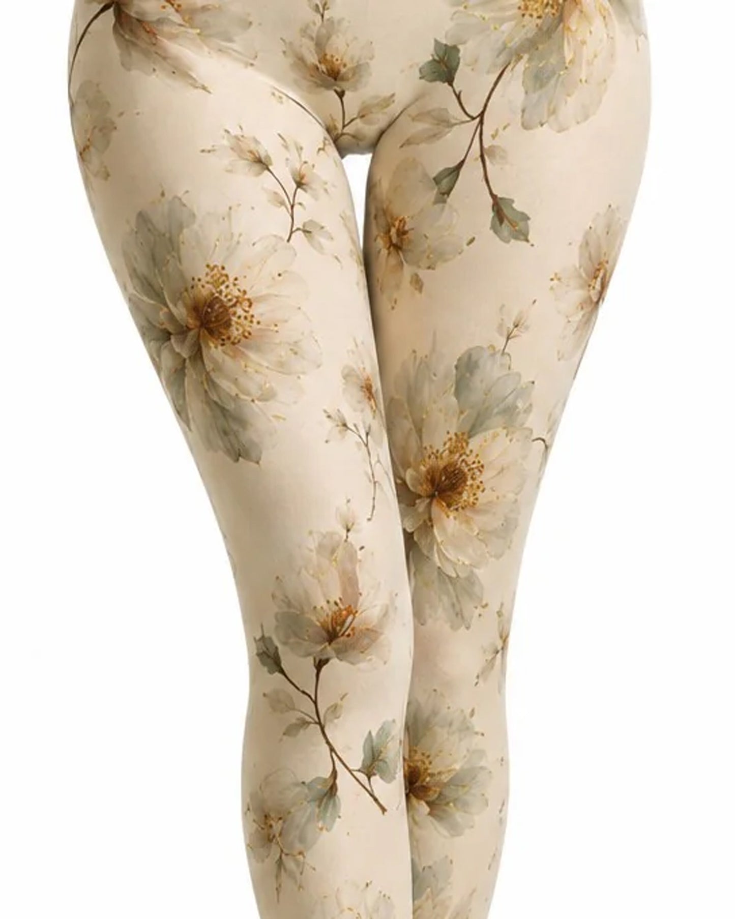 Close-up of a person's legs wearing cream tights with a large floral print in muted grey-green and warm tan tones, shown against a plain white background.