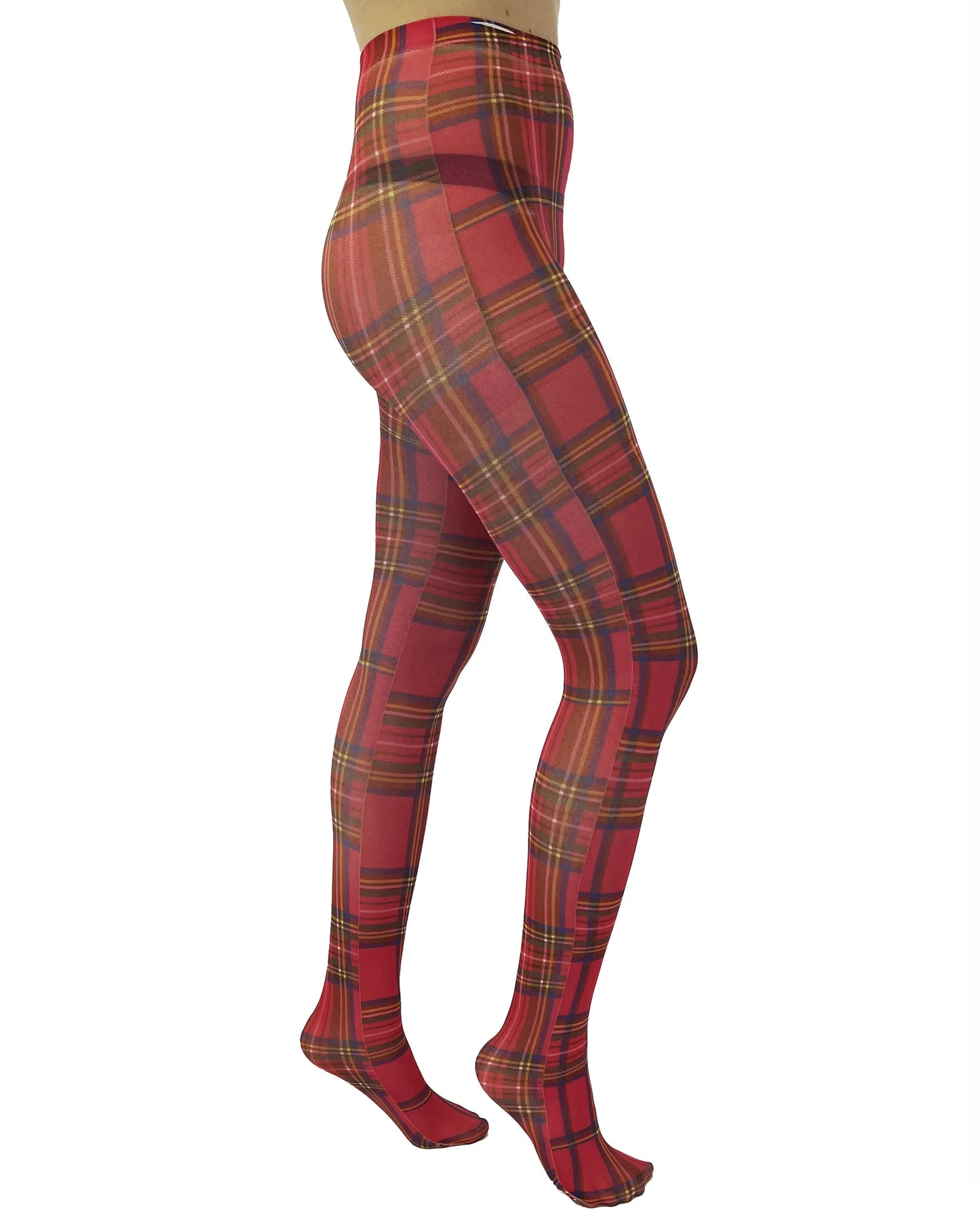 Pamela Mann Red Tartan Tights - White opaque fashion tights with a red tradition style plaid print, side view.