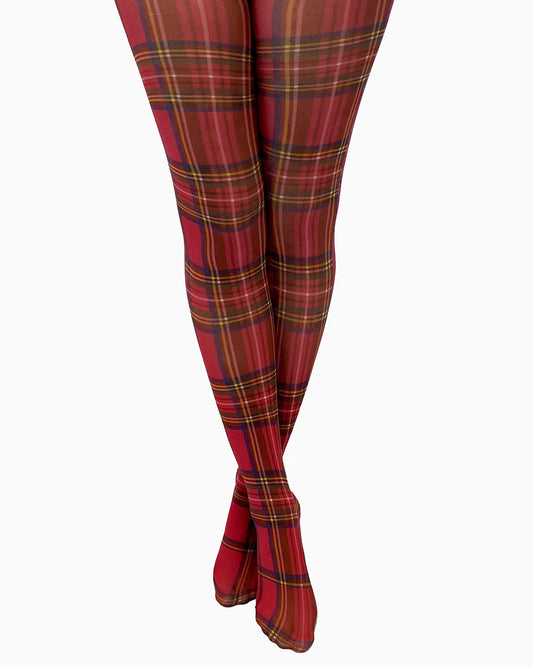 Pamela Mann Red Tartan Tights - White opaque fashion tights with a red tradition style plaid print.