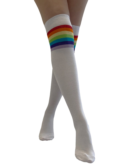 Pamela Mann Referee Rainbow Socks - White over the knee cotton socks with a multicoloured rainbow stripe cuff.