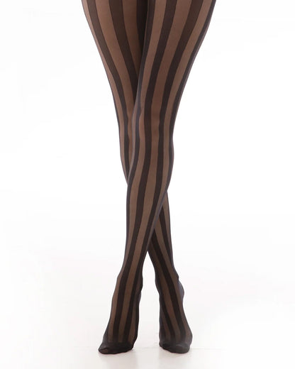 A close-up of a person's legs wearing sheer black tights with vertical brown stripes, shown against a plain white background.