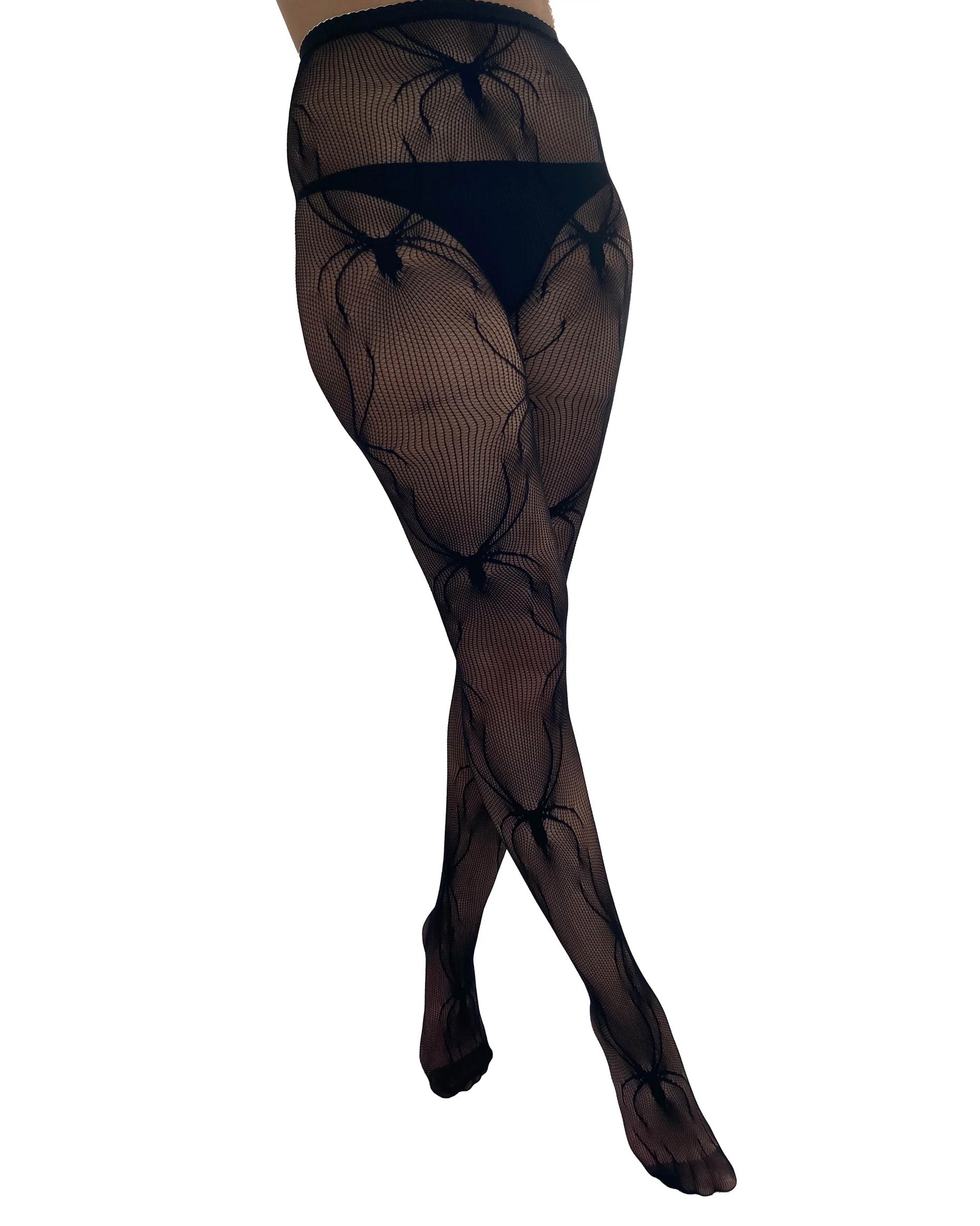 Pamela Mann Spider Net Tights - Black openwork fishnet tights with an all over spider design with seamless top.