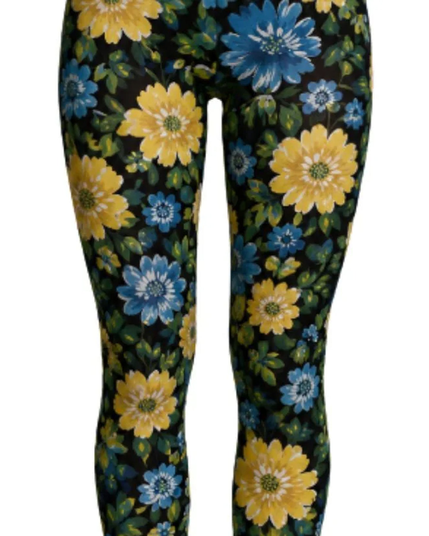 Floral-patterned pantyhose with yellow and blue flowers on a black background