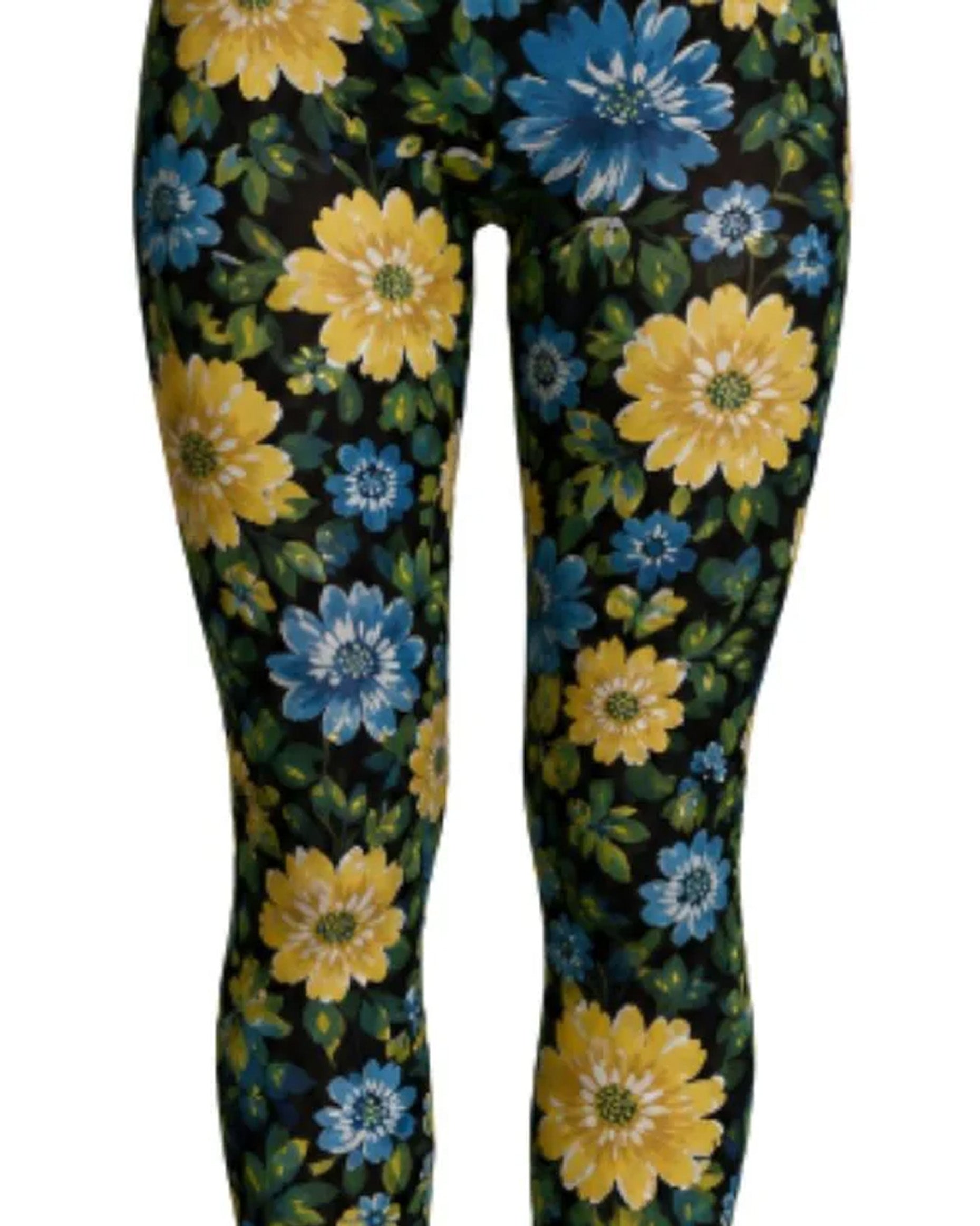 Floral-patterned pantyhose with yellow and blue flowers on a black background
