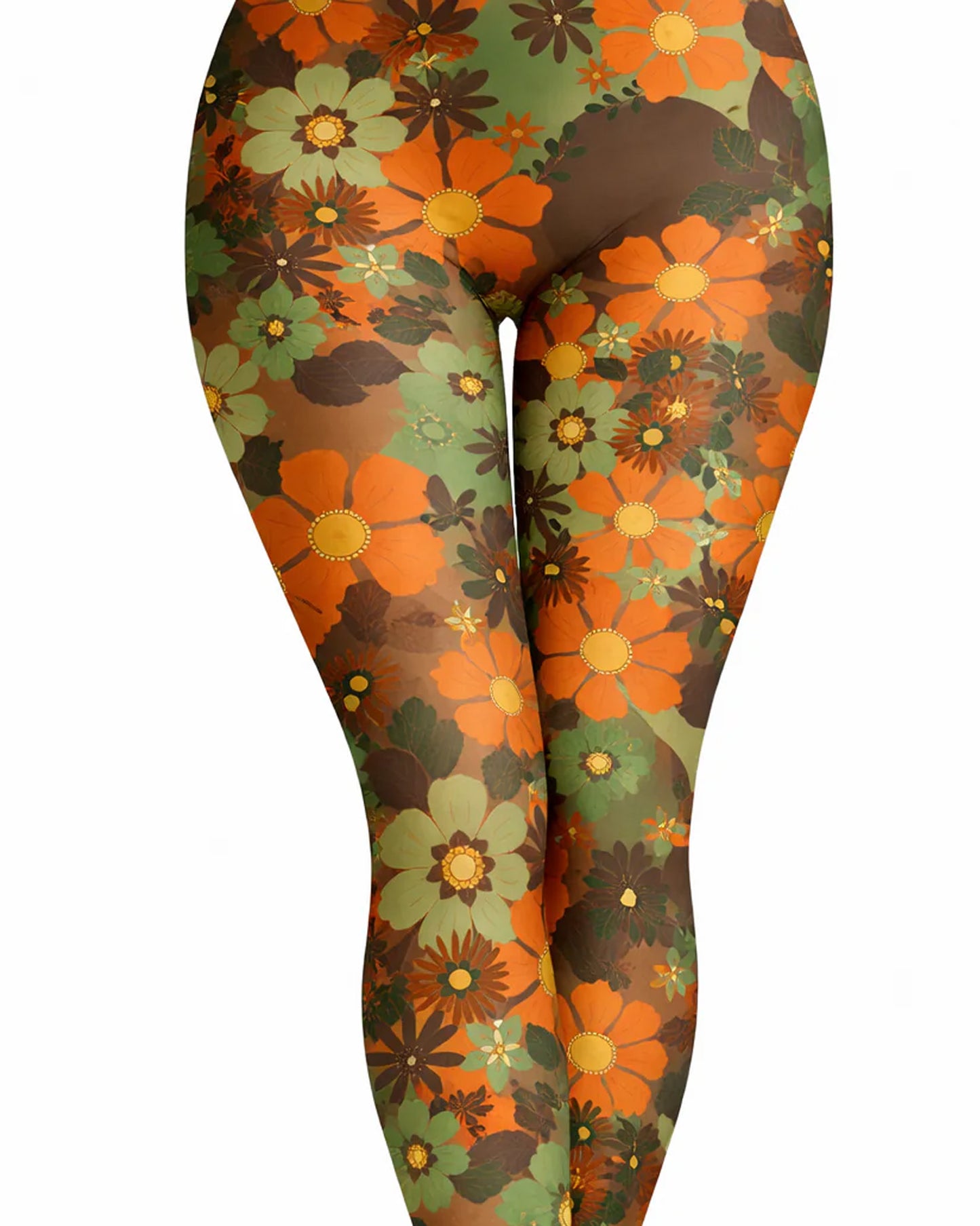 Floral patterned tights with orange, green, and brown colors on a white background