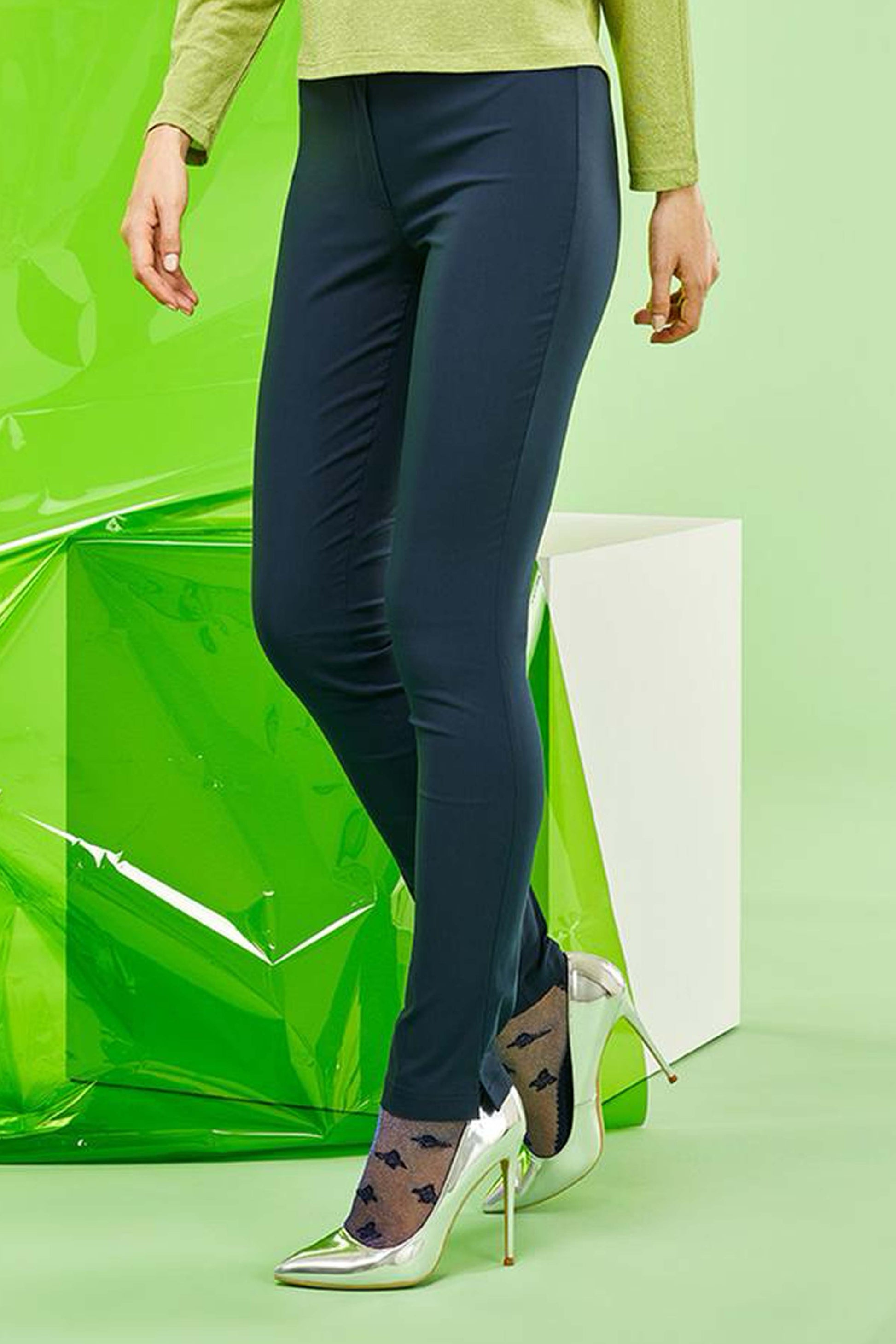 SiSi Belt Treggings - Navy blue light weight high waisted stretch viscose trouser leggings (treggings), worn with a lime green top, sparkly socks and silver stiletto heels.