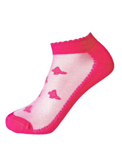 SiSi Butterfly Calzino - Soft low ankle bright pink sparkly cotton socks with a sheer front, butterfly motif pattern, shaped heal, flat toe seam and scalloped edge cuff.