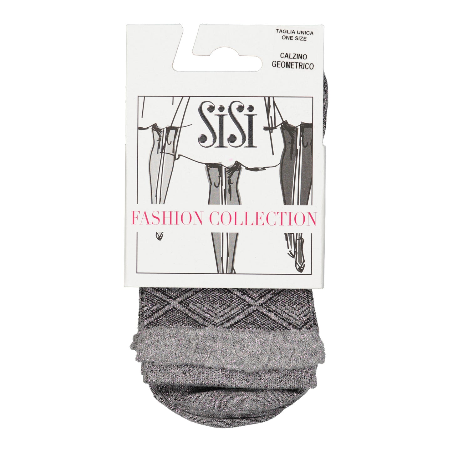 SiSi Geometrico Sock - Light silver grey fashion ankle socks with a black diamond pattern, sparkly silver lamé knitted through a small frill cuff.