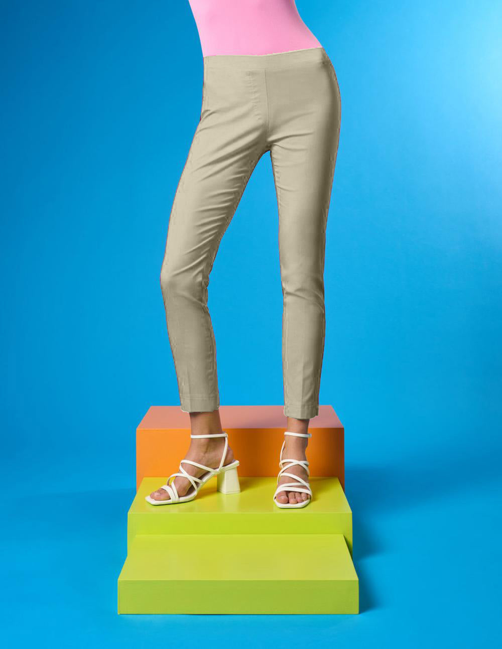 SiSi Joy Leggings - Beige Summer weight stretch chino style ankle grazer trouser leggings (treggings) with side slits on the cuff and faux back pockets with buttons and faux front pockets with diamanté studs.