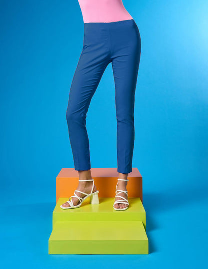 SiSi Joy Leggings - Navy Blue Summer weight stretch ankle grazer trouser leggings (treggings) with side slits on the cuff and faux back pockets with buttons and faux front pockets with diamanté studs.