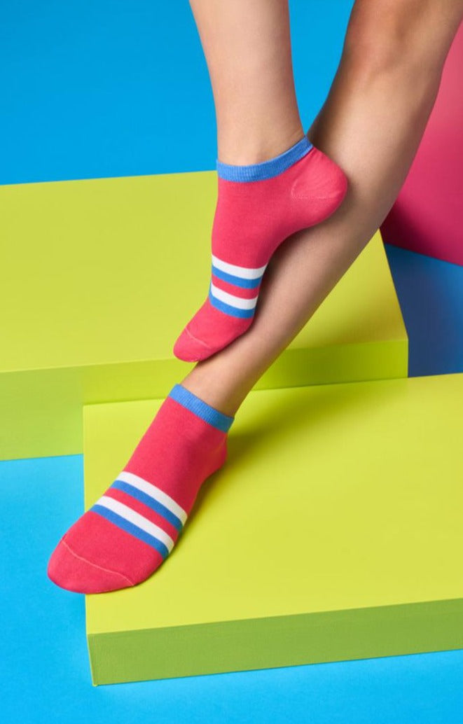 SiSi Joy Socks - Soft and light low ankle cotton socks in pink with a blue, white and pink striped foot, blue cuff, shaped heel and flat toe seam.