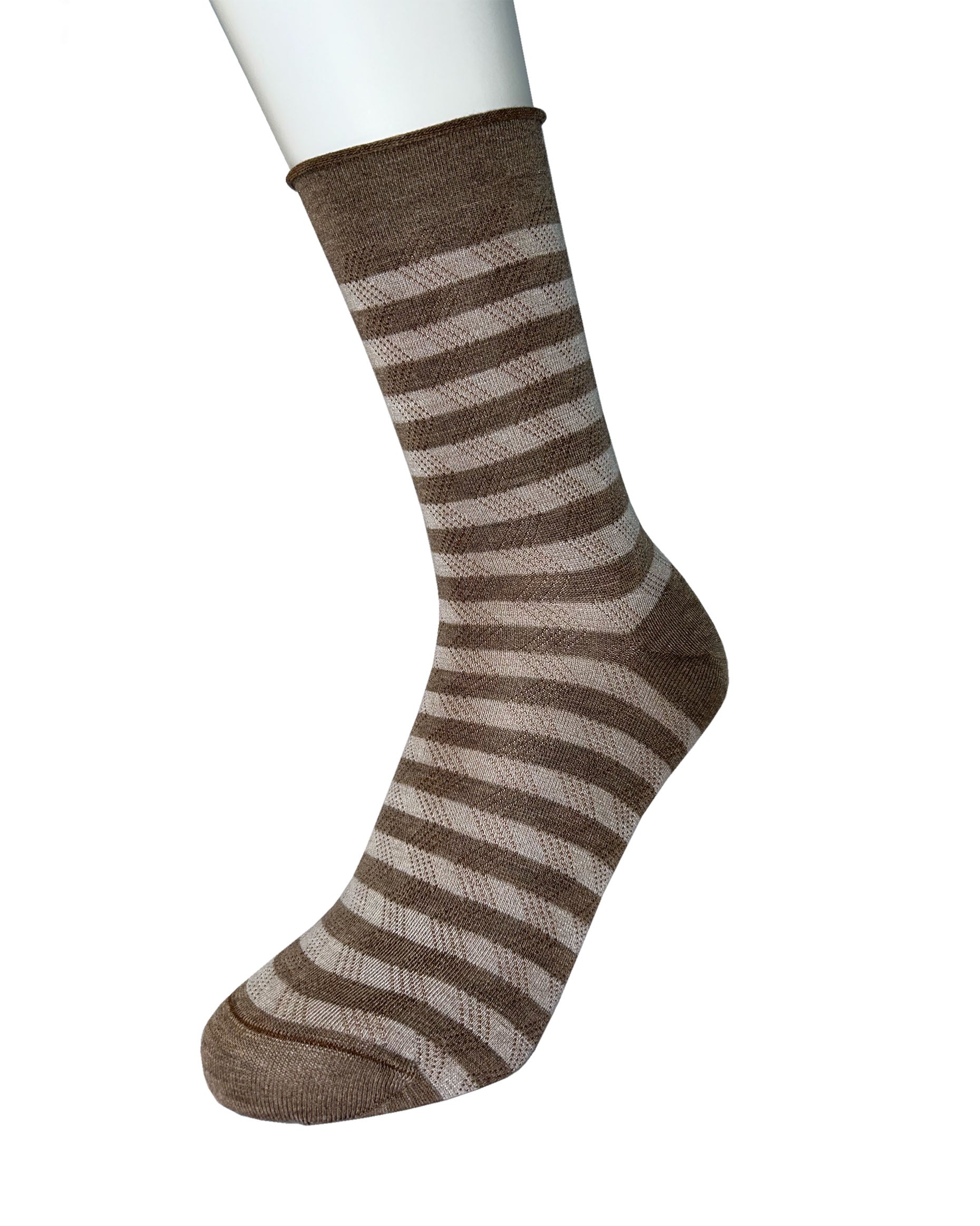Brown and beige striped sock on a white mannequin foot against a white background