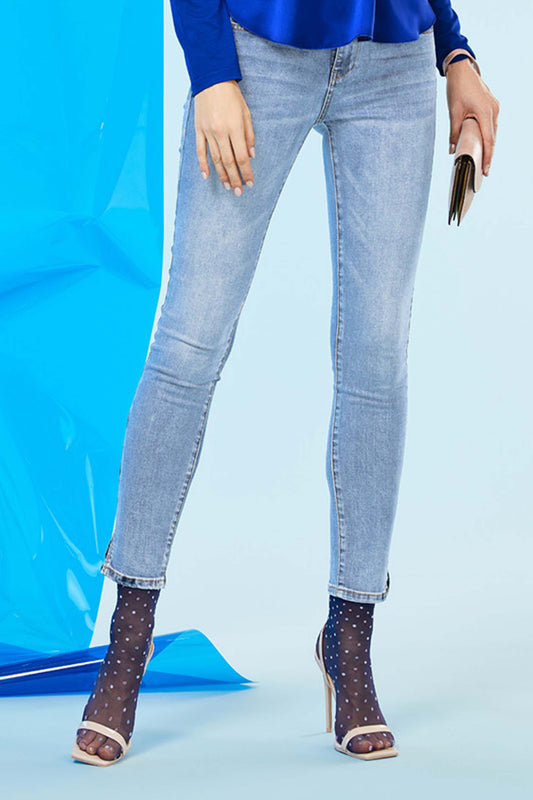SiSi Look Me Jeggings - High rise soft cotton jean leggings (jeggings) in light denim blue with button and fly zip closures, front and back pockets, belt loops and side slits on the cuffs.
