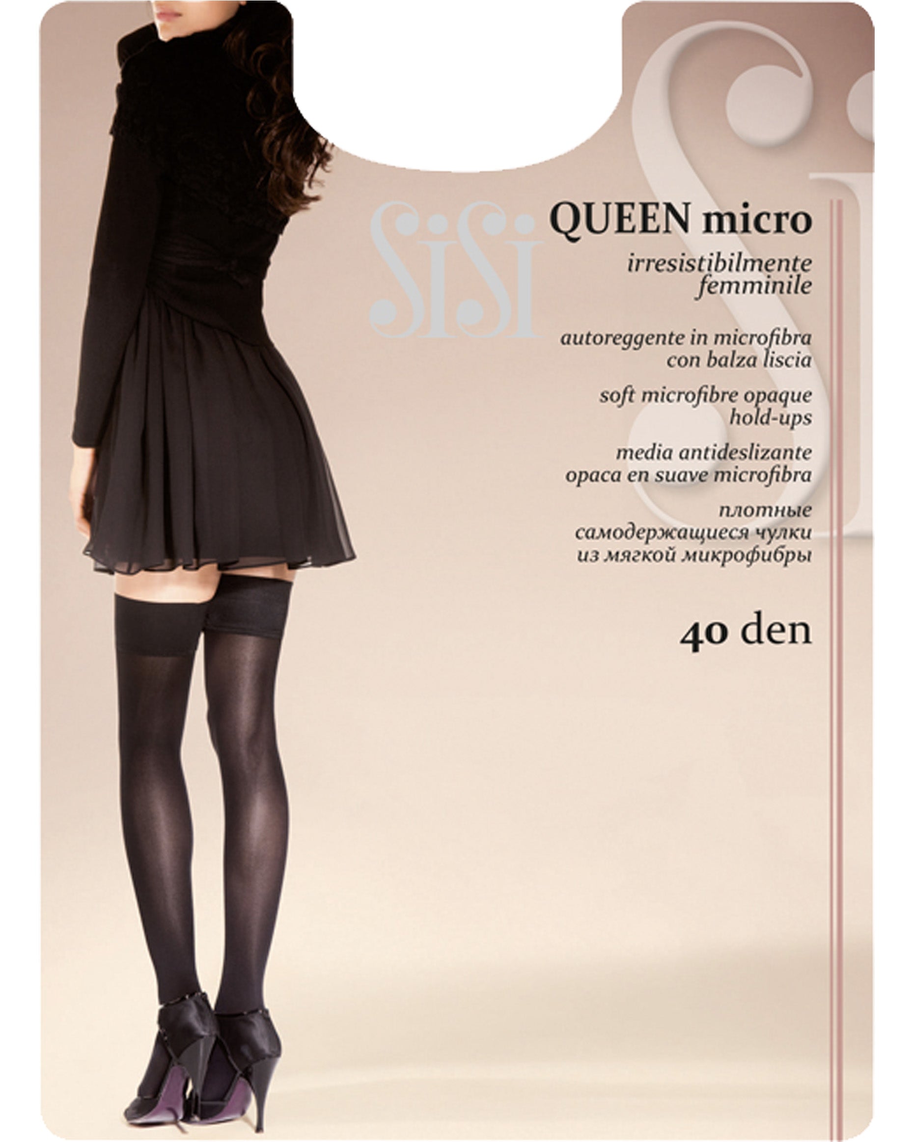 SiSi Queen 40 Micro Autoreggente - Black opaque hold-ups with a plain top, worn with black dress and black heels, pack.