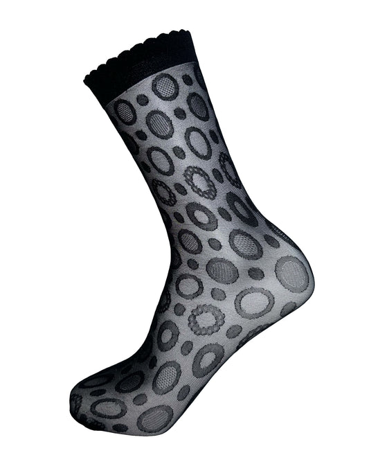 Omsa Optical Calzino - Sheer black fashion tube ankle socks with an all over circular spots and dots pattern, scalloped edge cuff and sheer toe.