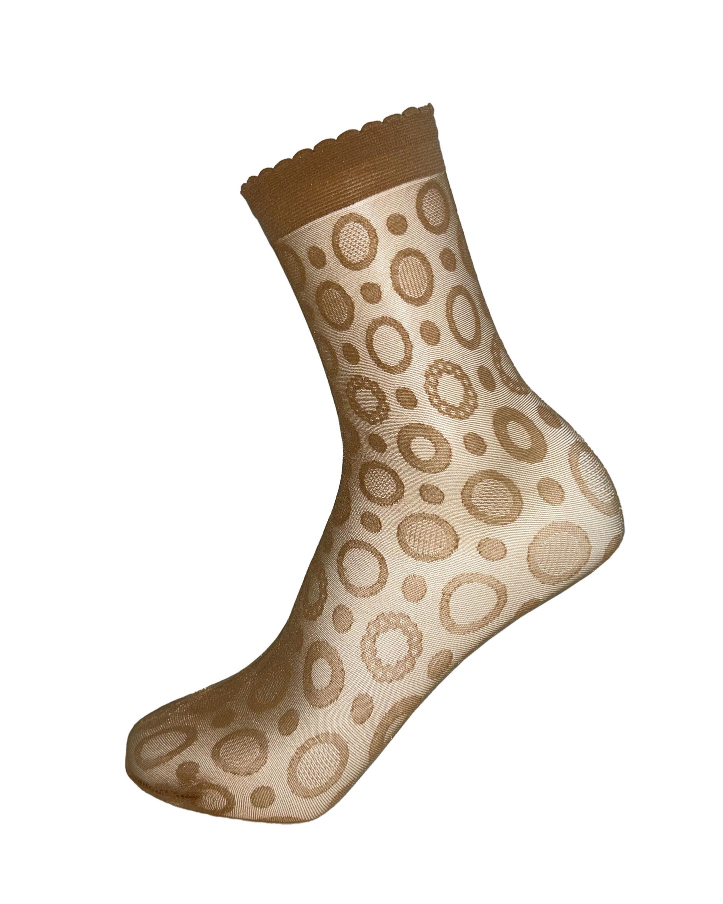 Omsa Optical Calzino - Sheer tan fashion tube ankle socks with an all over circular spots and dots pattern, scalloped edge cuff and sheer toe.