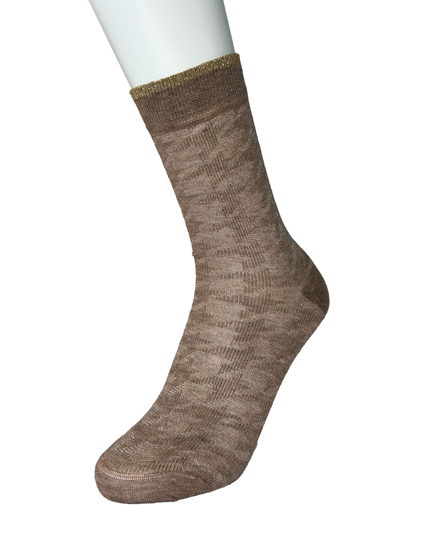 Brown and beige houndstooth patterned socks with gold lamé cuff on a mannequin leg against a white background