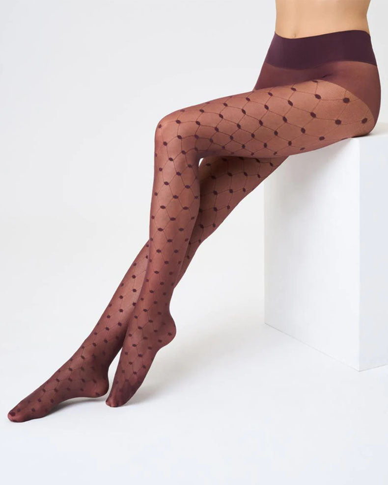 SiSi Spider Collant - Sheer wine fashion tights with an all over enclosed fishnet and spot style pattern, seamless panty brief.