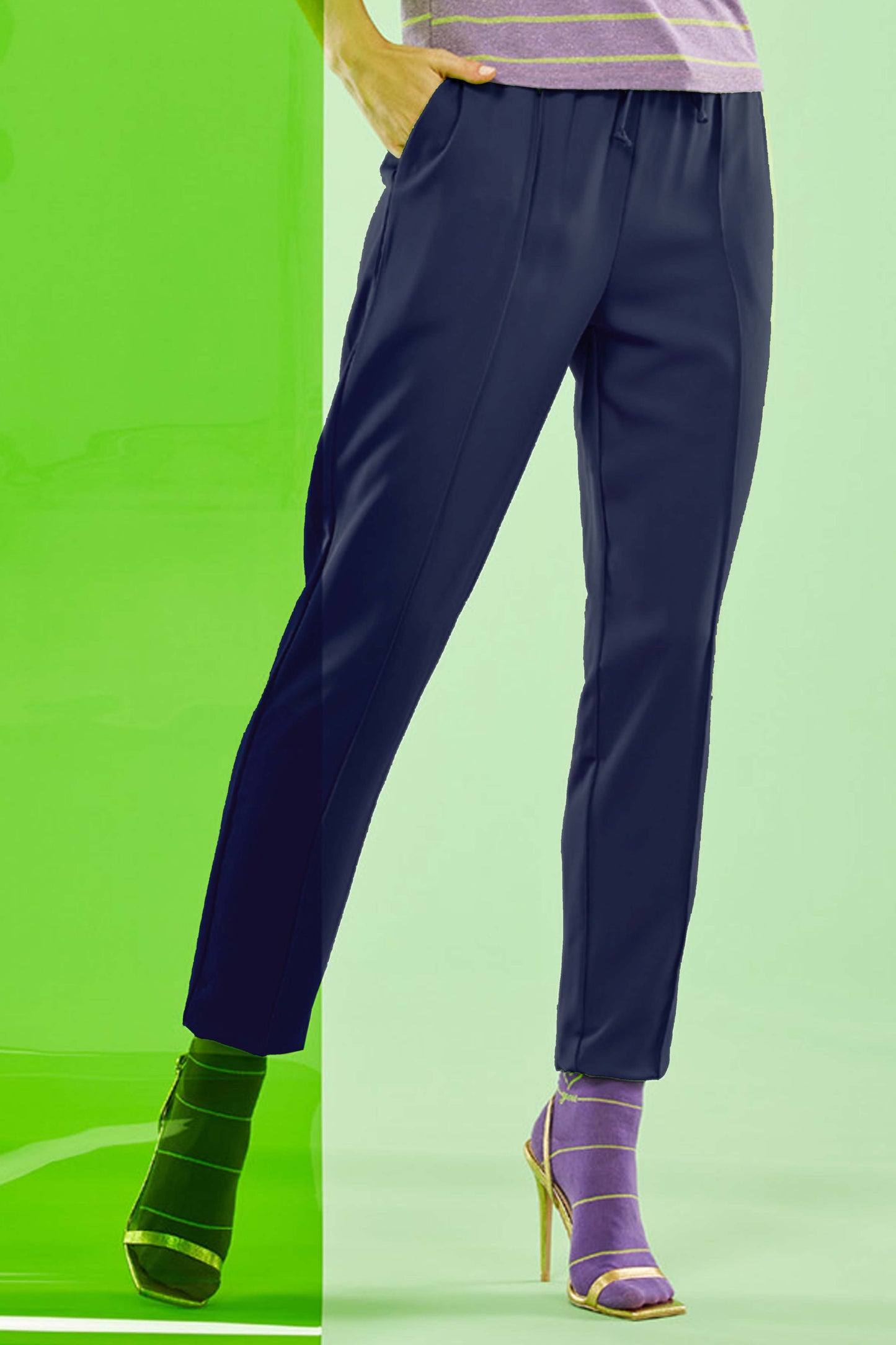 SiSi Swing Trouser - Navy blue colour jogger style trousers with drawstring waist, side pockets and raised centre seam down the front of the leg.