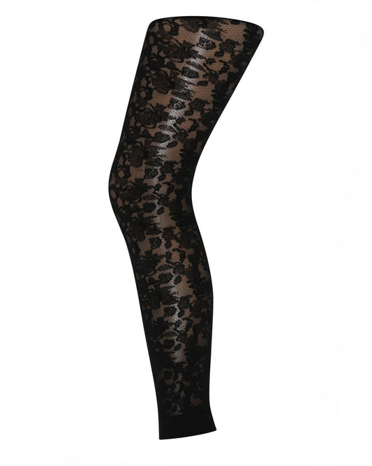 Sneaky Fox Lace Footless Tights - Sheer black floral lace patterned fashion footless tights with deep comfort waistband.