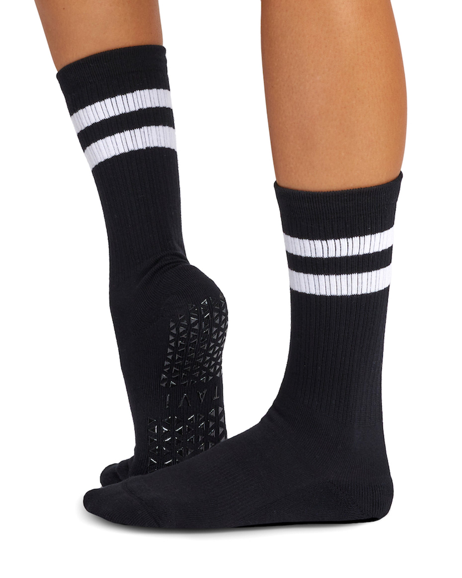 black crew length cotton pilates yoga socks with double white stripe cuff and grip sole