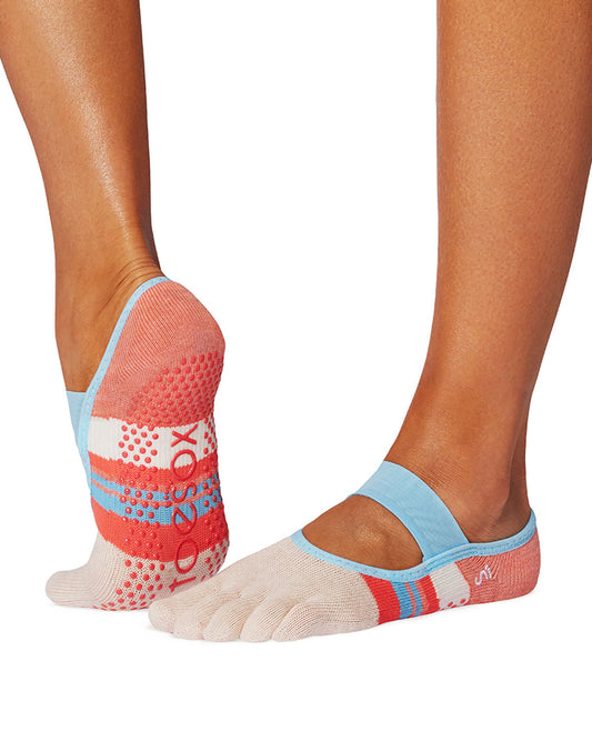 Colorful toe socks with unique patterns worn by a person on a white background