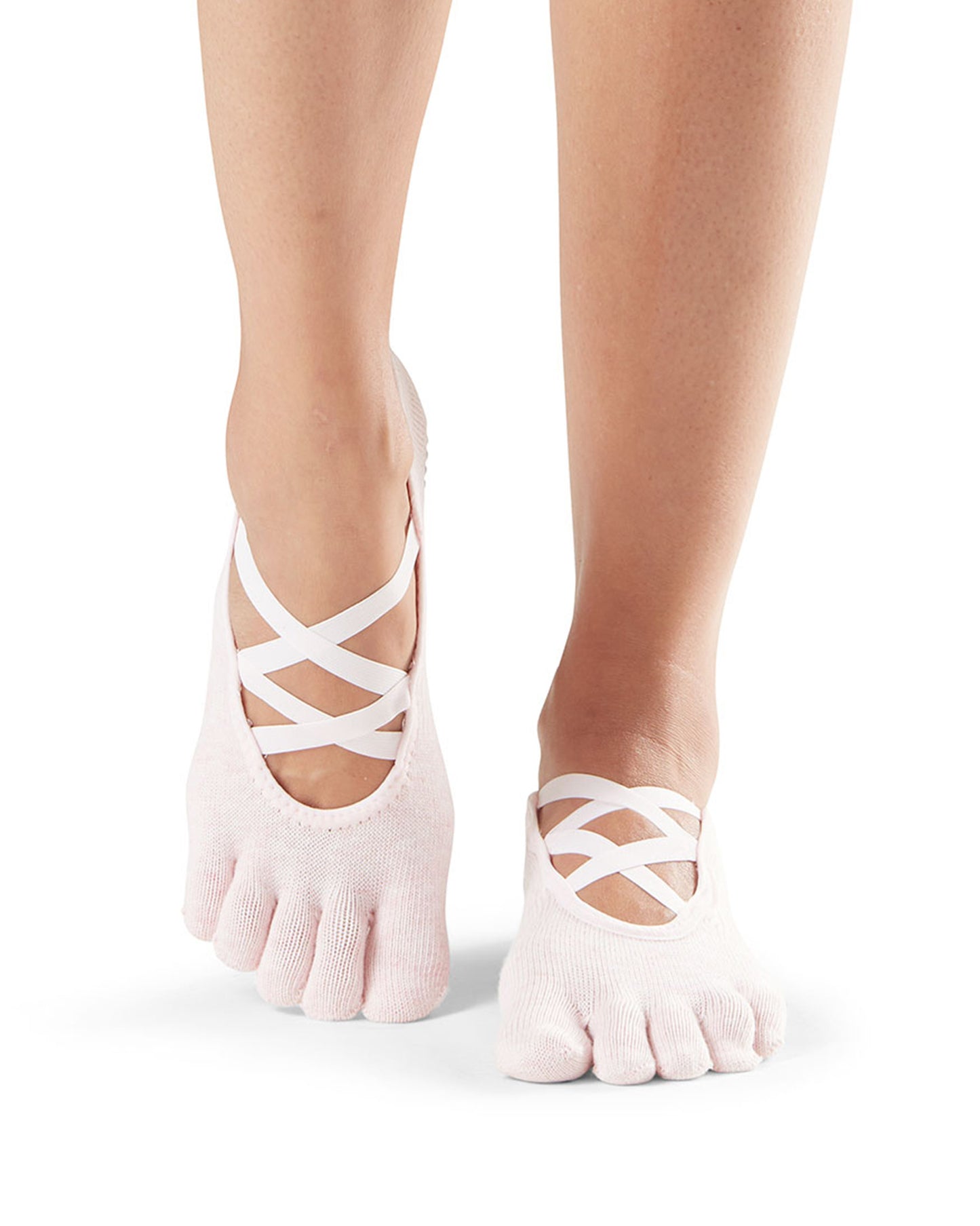 Pink toe-separated socks with criss-cross design on a white background