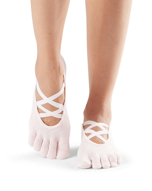 Pink toe-separated socks with criss-cross design on a white background