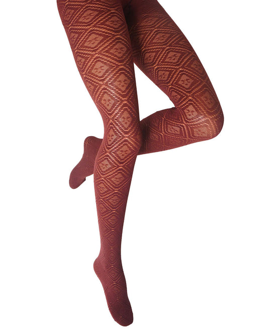 A pair of patterned tights worn on legs, featuring a burgundy geometric diamond knit design, shown against a plain white background.