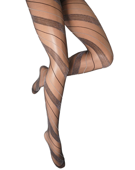 A pair of legs wearing sheer striped tights with diagonal bands of sheer black and silver on a plain white background.
