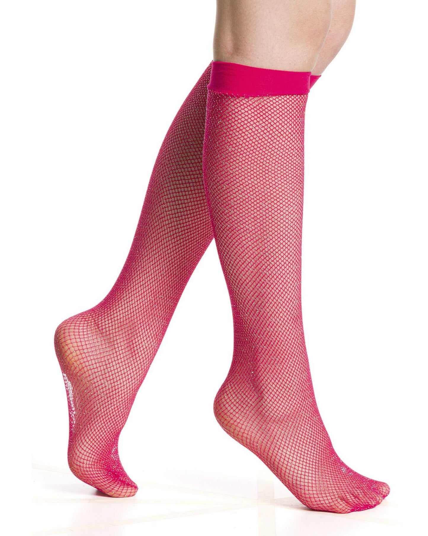 Trasparenze Air Gambaletto - Coral pink classic micro fishnet fashion knee-highs with sparkly silver lamé throughout and plain elasticated comfort cuff.
