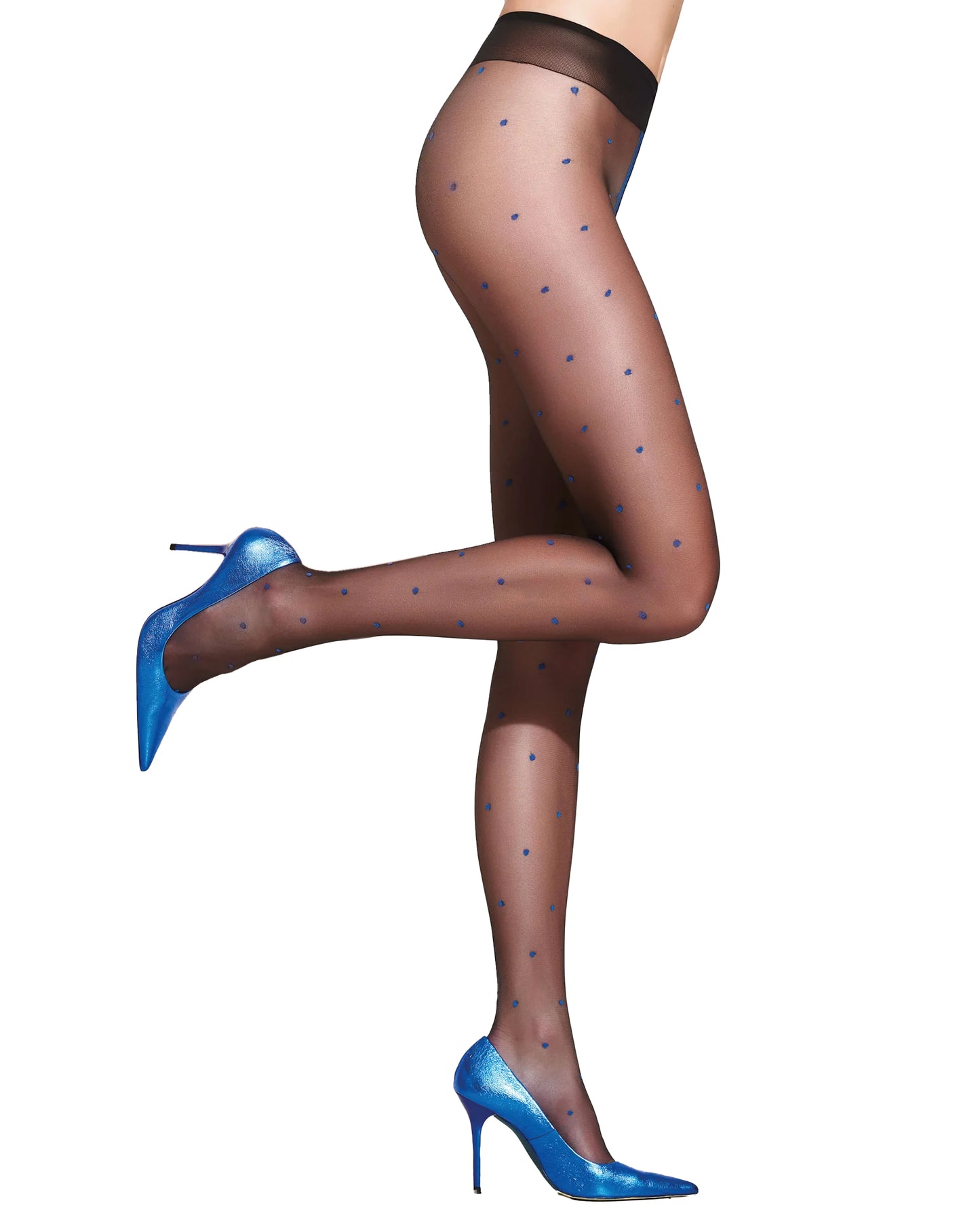 Trasparenze Anguria Collant - Sheer black tights with blue all over polka dot spot pattern