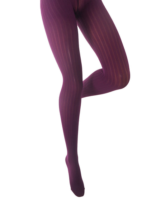 Purple pinstriped tights worn on a model's legs, shown from the waist down in a crossed-leg pose against a plain white background.