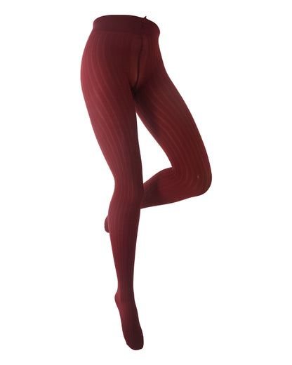 A pair of dark red ribbed tights modeled on a cropped lower torso and legs against a plain white background.