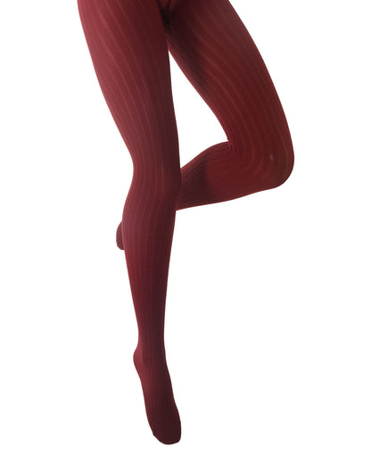 A close-up of a person's legs wearing dark red ribbed tights against a plain white background.
