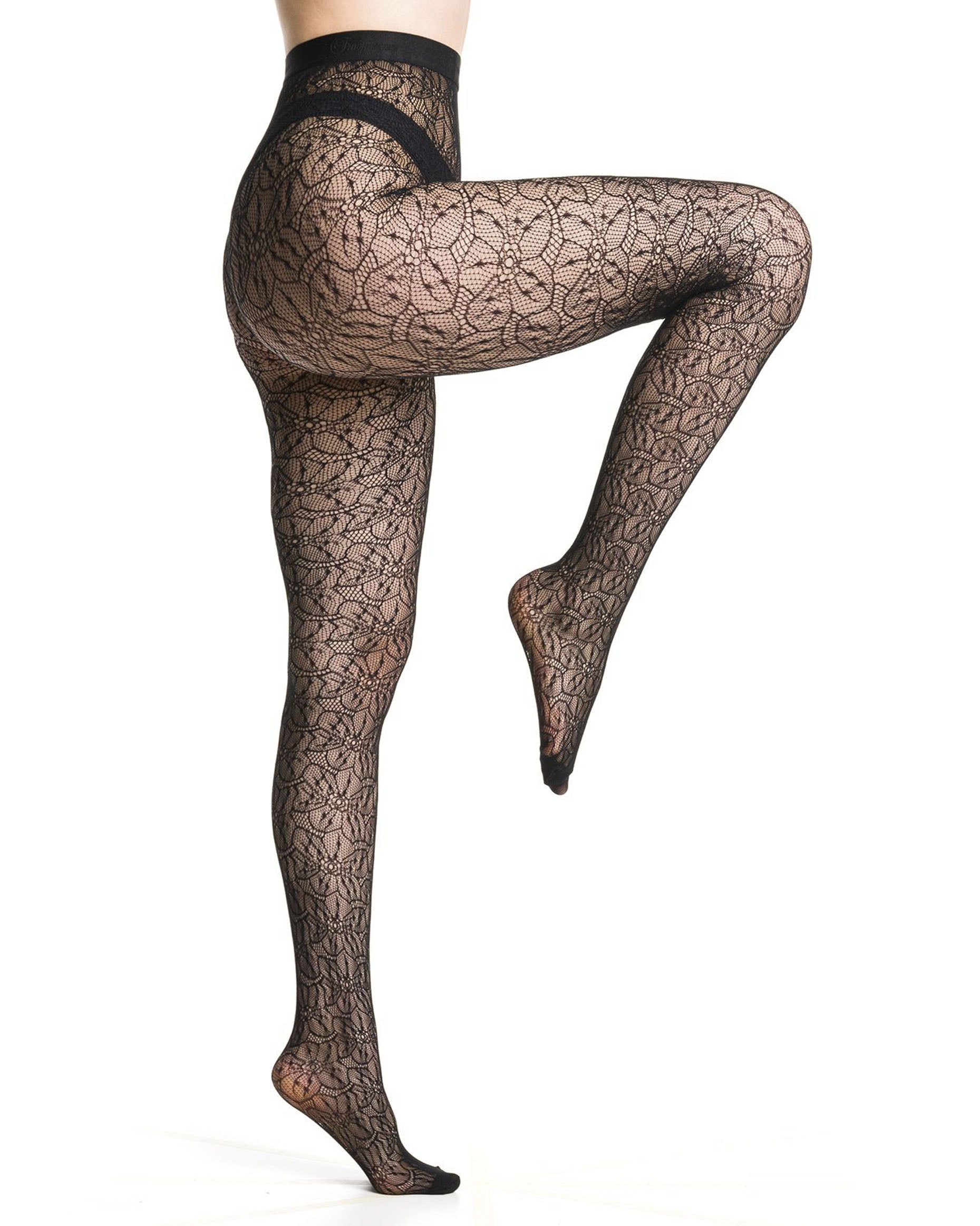 Trasparenze Compass Rose Tights - Black openwork floral lace pattern fashion fishnet tights with micro-mesh reinforced toes and seamless body.
