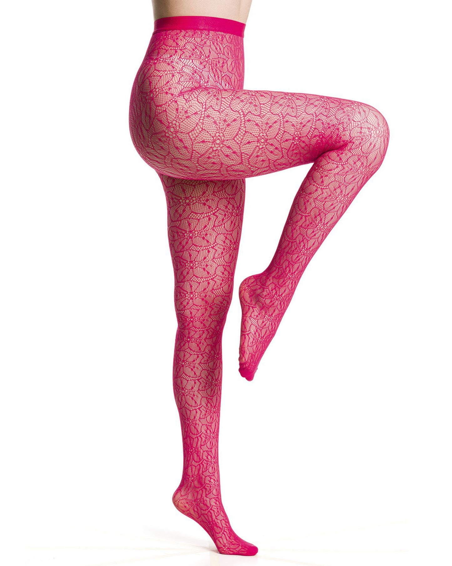 Trasparenze Compass Rose Tights - Coral pink openwork floral lace pattern fashion fishnet tights with micro-mesh reinforced toes and seamless body.