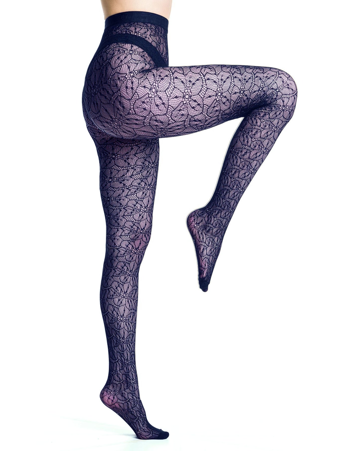 Trasparenze Compass Rose Tights - Navy openwork floral lace pattern fashion fishnet tights with micro-mesh reinforced toes and seamless body.