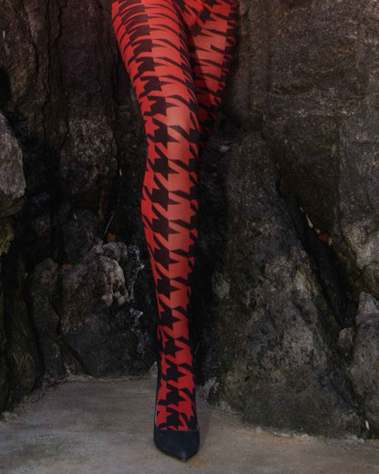Trasparenze Copernicus Collant - Red opaque fashion tights with a bold and large black houndstooth pattern