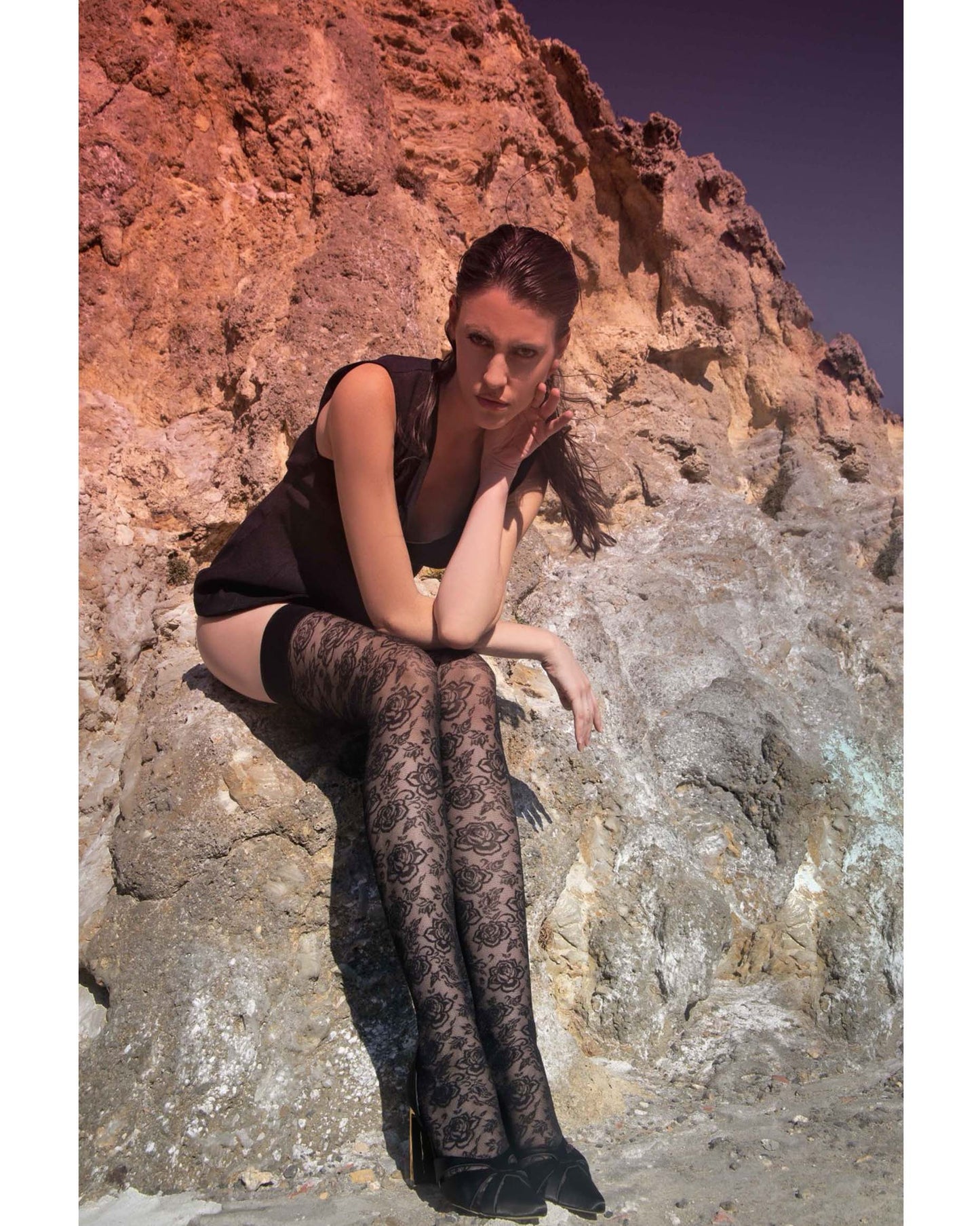 Trasparenze Enif Autoreggente - Black semi sheer floral pattern hold-ups with plain top and silicone.